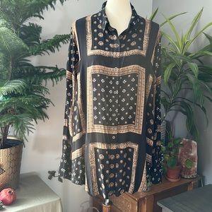 Free People Button Down Black and Gold Shirt L